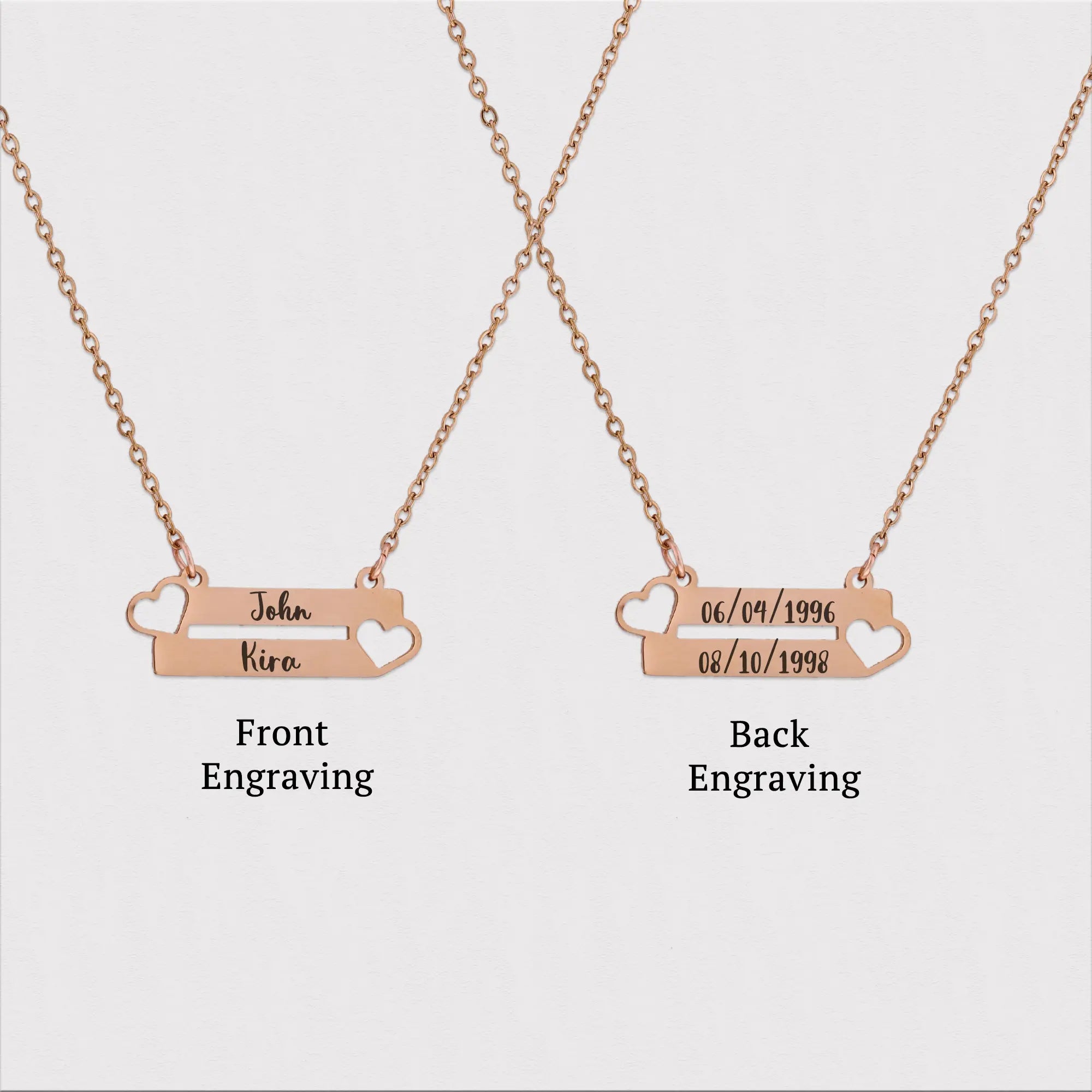 Couples Nameplate Necklace with Two Hearts