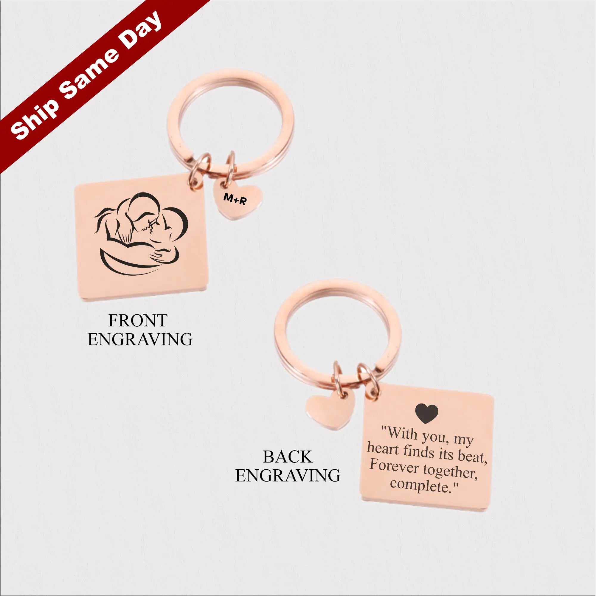 Engraved Square, Heart Charm Keychain