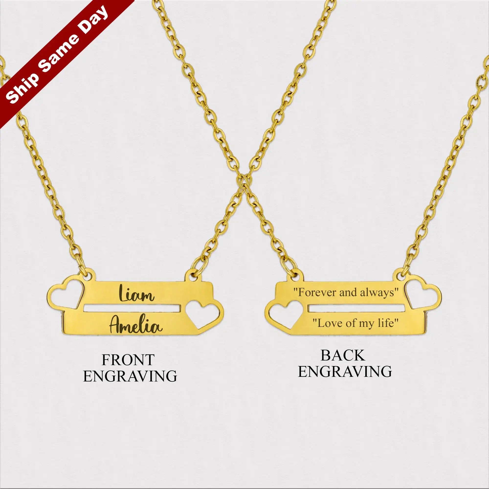 Gold Bar Cut Out Heart Nameplate Necklace, Gold Bar Pendant