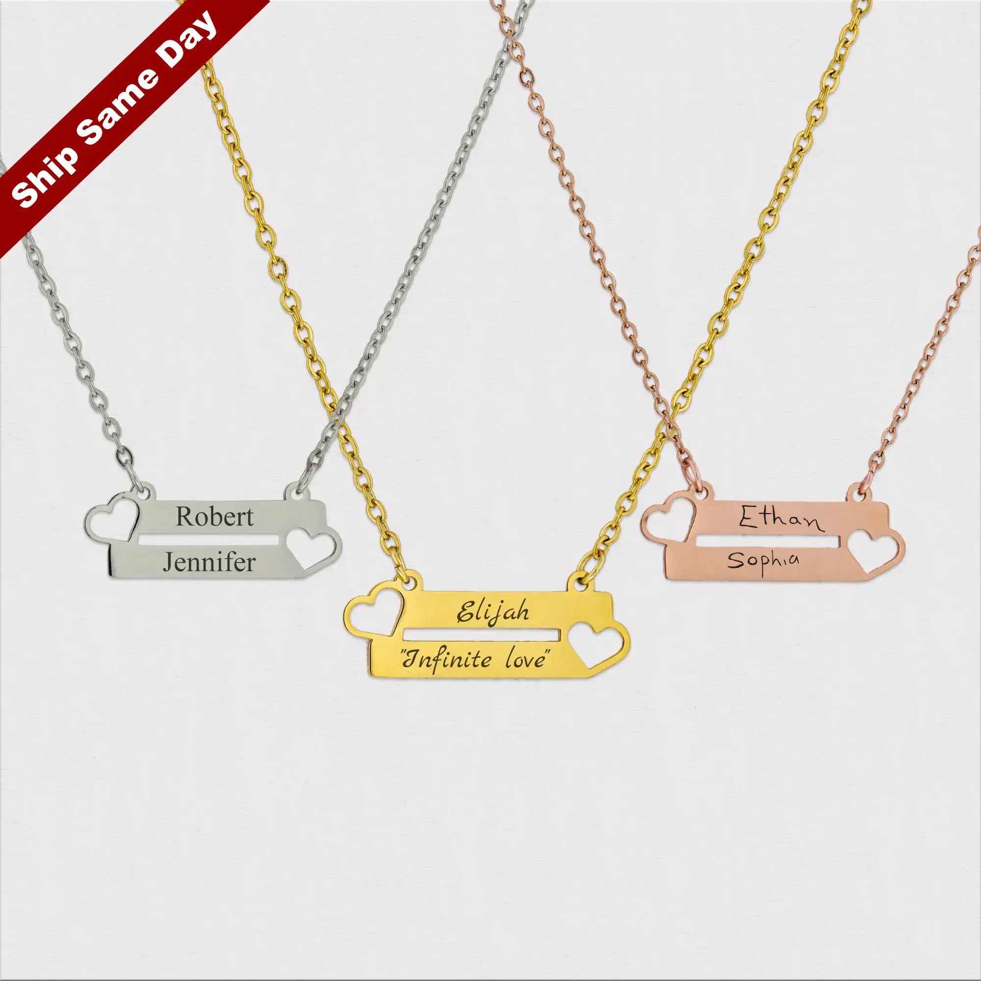 14k Gold Bar Cut Out Heart Nameplate Necklace