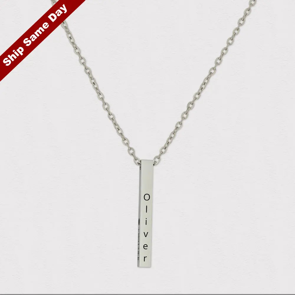 Vertical Square Silver Name Bar Necklace , Square Shape Pendant